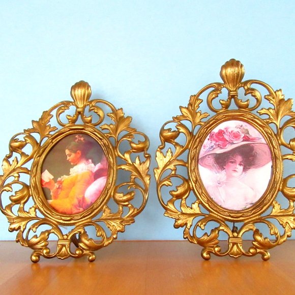 Vintage gold scrolled metal Art Nouveau reproduction picture frames - set of 2 - Picture 3 of 9